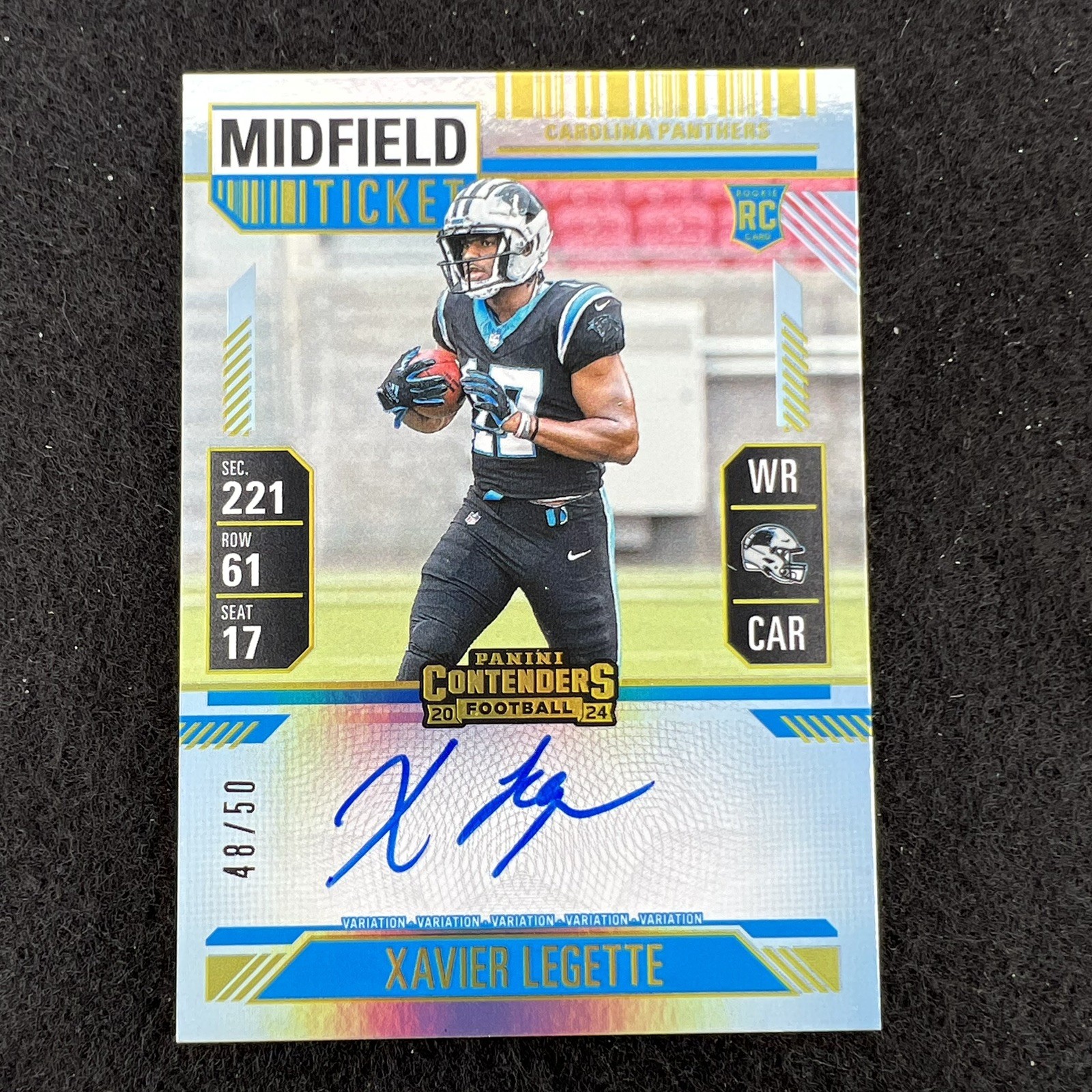 Xavier Legette 2024 Panini Contenders Rookie Auto Midfield Ticket 16/50 Panthers