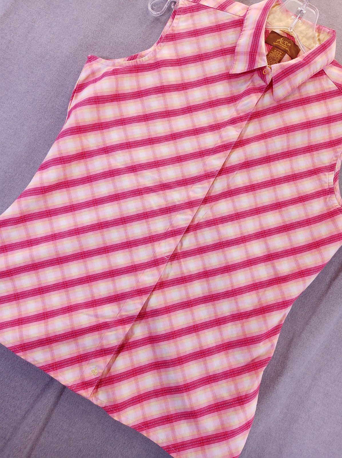 Aura Wrangler shirt Women medium Pink Yellow plaid Snap sleeveless Western image 2