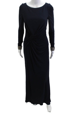 David Meister Women Dark Blue Silk Maxi Sheath Dress Long Sleeve Zip Size 4