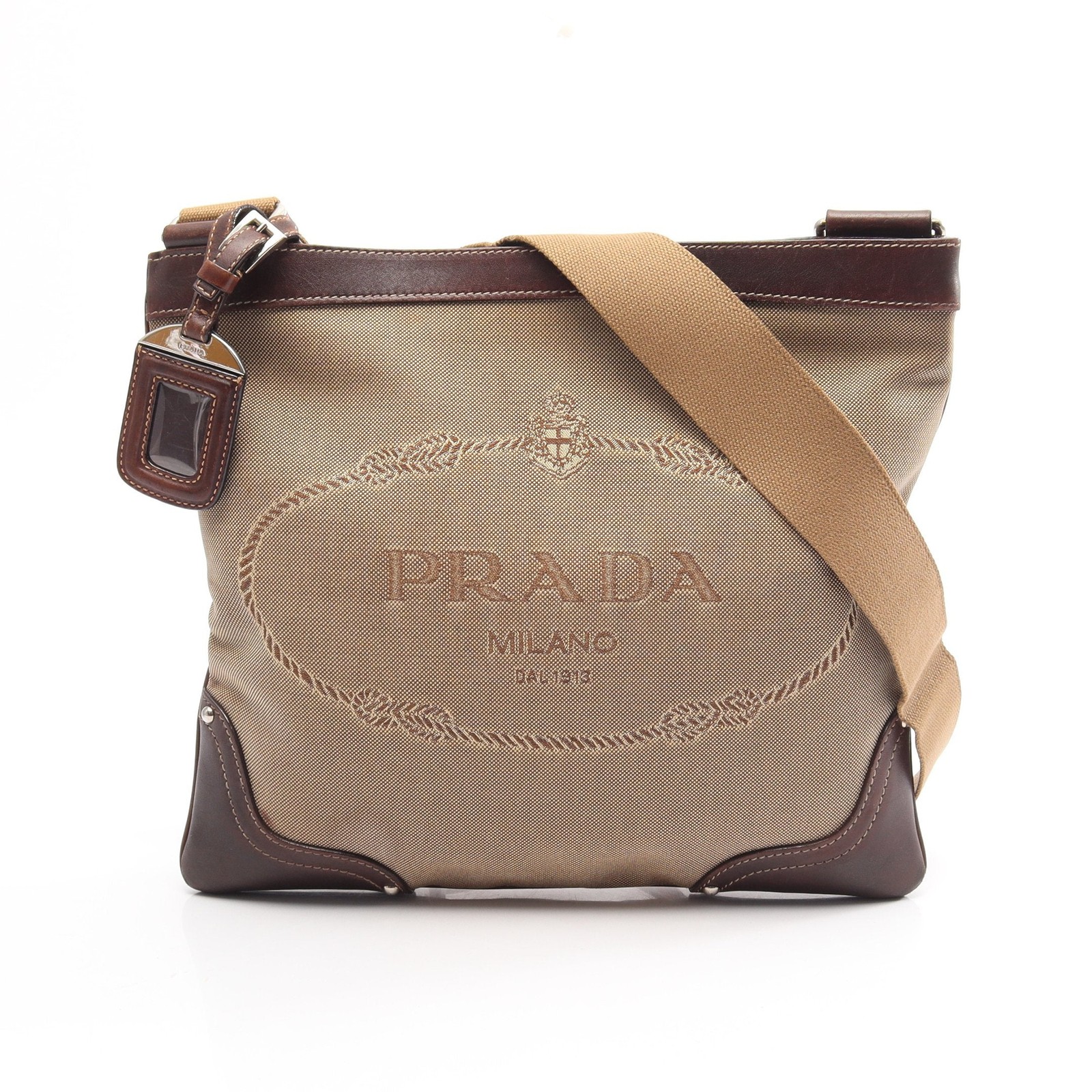PRADA LOGO JACQUARD Shoulder Bag Canvas Leather Beige Brown