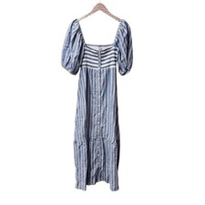 Emerson Fry x Love Tomas Striped Puff Sleeve Smocked Cotton Midi Dress Blue M/L