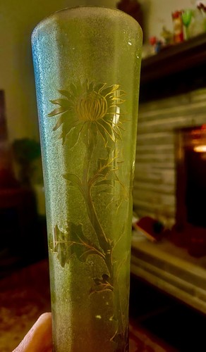 Mont Joye Legras Art Glass Vase Gilded Flowers Etched Background 14” 1864-1914 - Picture 5 of 16