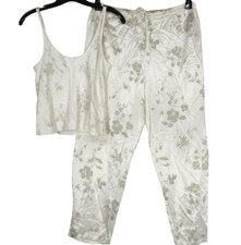 VTG VICTORIA'S SECRET Ivory w/Sage Floral SATIN PAJAMAS SET Tank Top /Pants S
