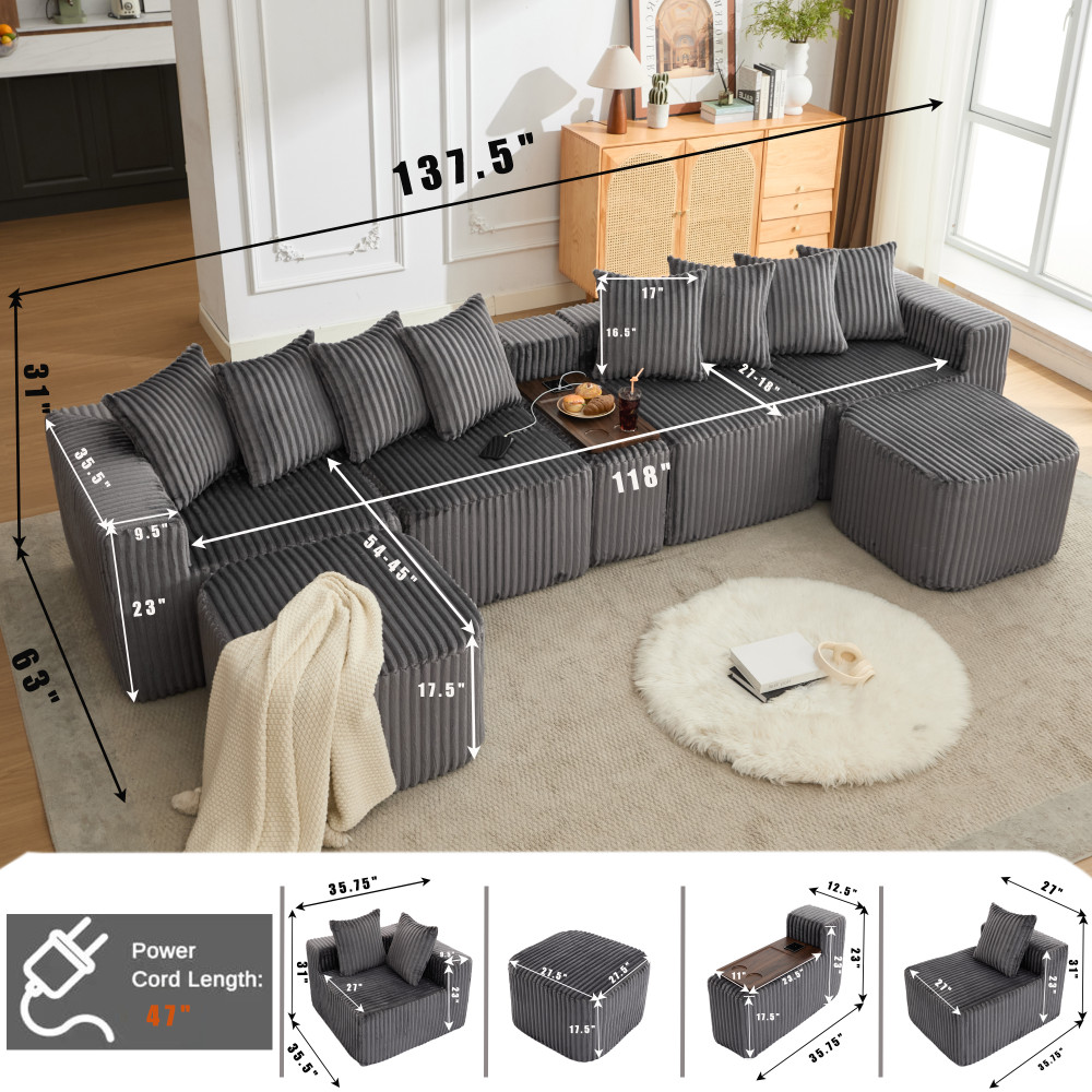 Gray Corduroy U-Shaped 6-Seat Modular Sofa with USB & Wireless Charging