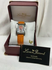 Lucien Piccard Swiss Womens Rectangular Watch Orange Leather Strap Diamond Bezel