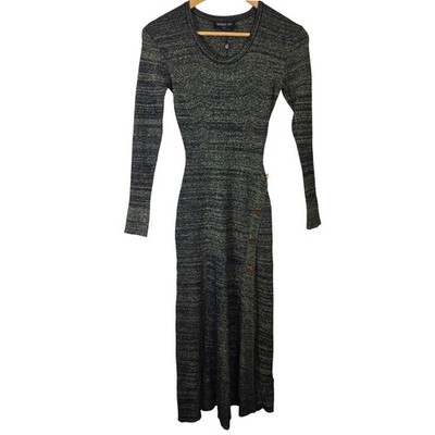 MINKPINK Maeve Knit Dress Metallic Gold Black Long Sleeve Button Size Small