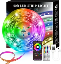 50FT Smart LED Strip Lights with Music Sync & Remote Control for Bedroom Decor