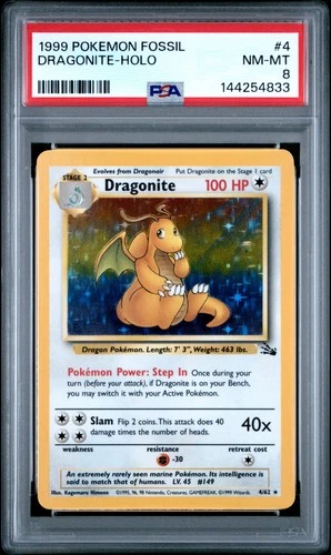 1999 POKEMON FOSSIL #4 DRAGONITE-HOLO PSA 8