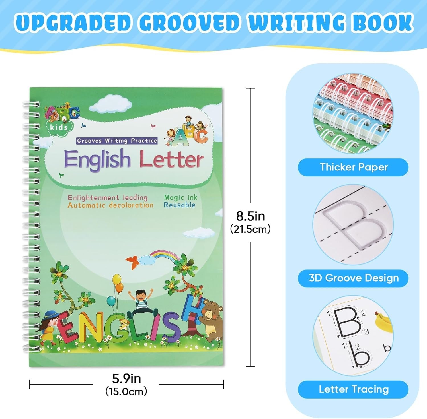 Magic Ink Handwriting Set for Children - Reusable Copybooks with Silicone Grip