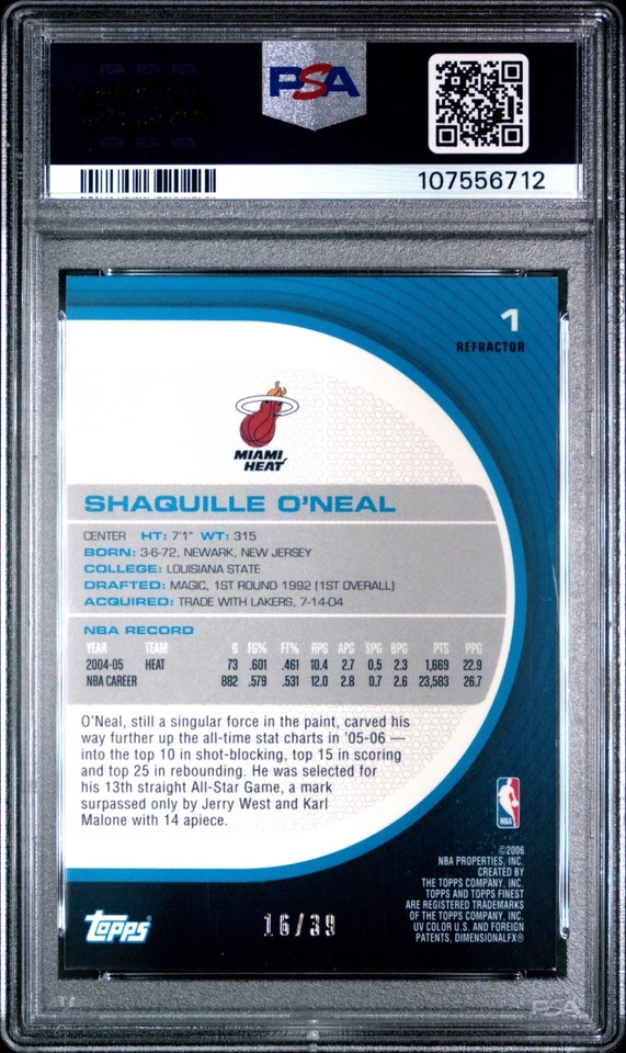 PSA 9 /39 Shaquille O’Neal 2005-06 Topps Finest Gold Refractor #1 Mint - Image 2 of 2