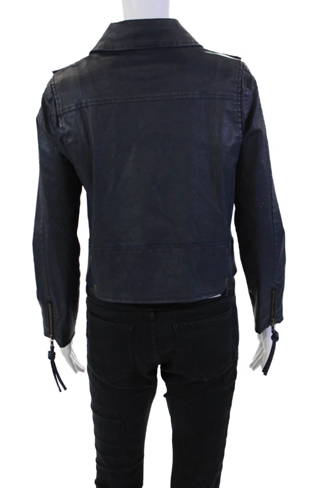 Chaqueta de motocicleta Artelier Nicole Miller para mujer con cuello de cremallera texturizada azul marino talla S Foto 3 de 4