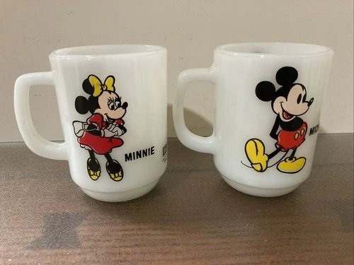 Vintage PEPSI Disney Anchor Hocking Milk Glass Mugs - Mickey & Minnie Mouse