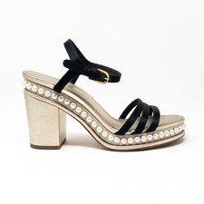 Chanel Strappy Satin Pearl Platform Block Heel Sandals EU 37 Black Gold Metallic