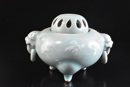 U759: Korean Goryeo celadon Crane Cloud inlay sculpture INCENSE BURNER , auto