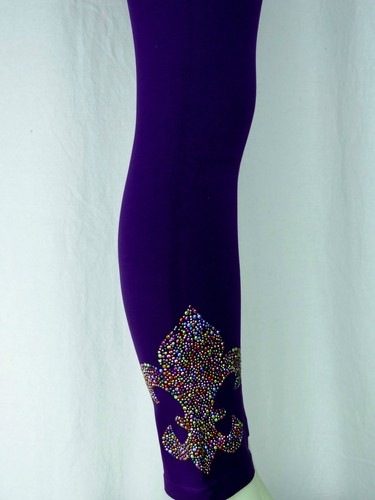 Plus OS Leggings Bling Rhinestud Colorful Fleur de Lis Mardi Gras Party Design - Picture 2 of 4