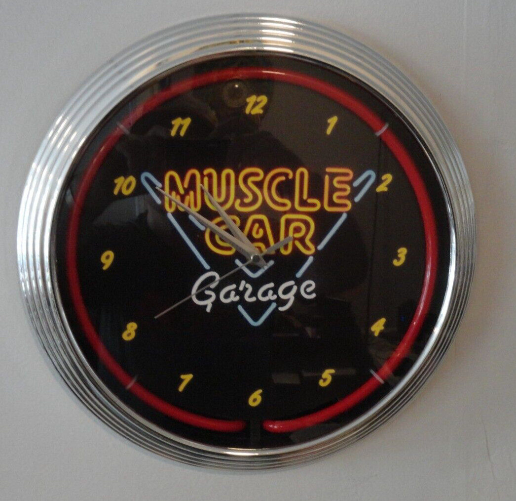 Muscle Car Garage Logo Red Neon Black Wall Clock 15" Diameter 8MSCLE Works