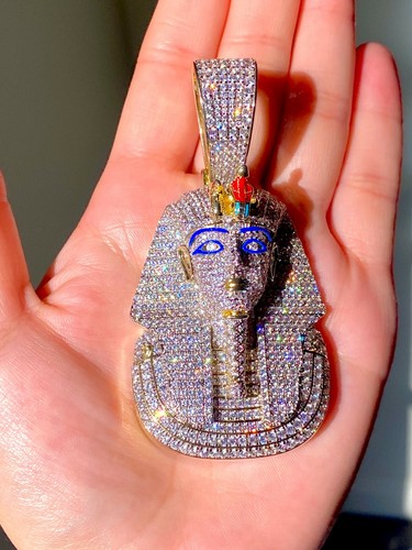 Men 14k Gold Fill Stamp Iced Egyptian King Tut Pharaoh Miami Cuben Chain Pendant - Picture 11 of 17