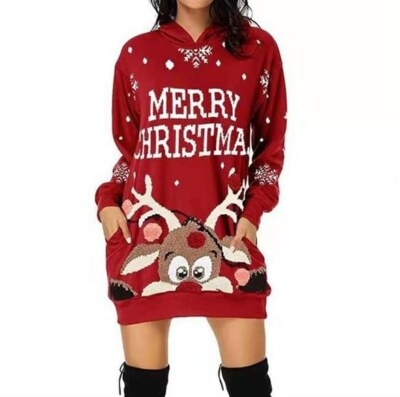 Ladies Christmas Printed Long Sleeve Hooded Sweater Dress Women's Casual  Blouse | eBay