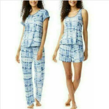 LUCKY BRAND WOMEN''S 4PIECE SET SUPER SOFT KNIT PAJAMA BLUE TIE DYE SMALL NWT