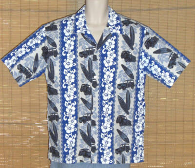 Mens Howie Hawaiian Shirt Blue White Flowers Surfboards Cars Size Large