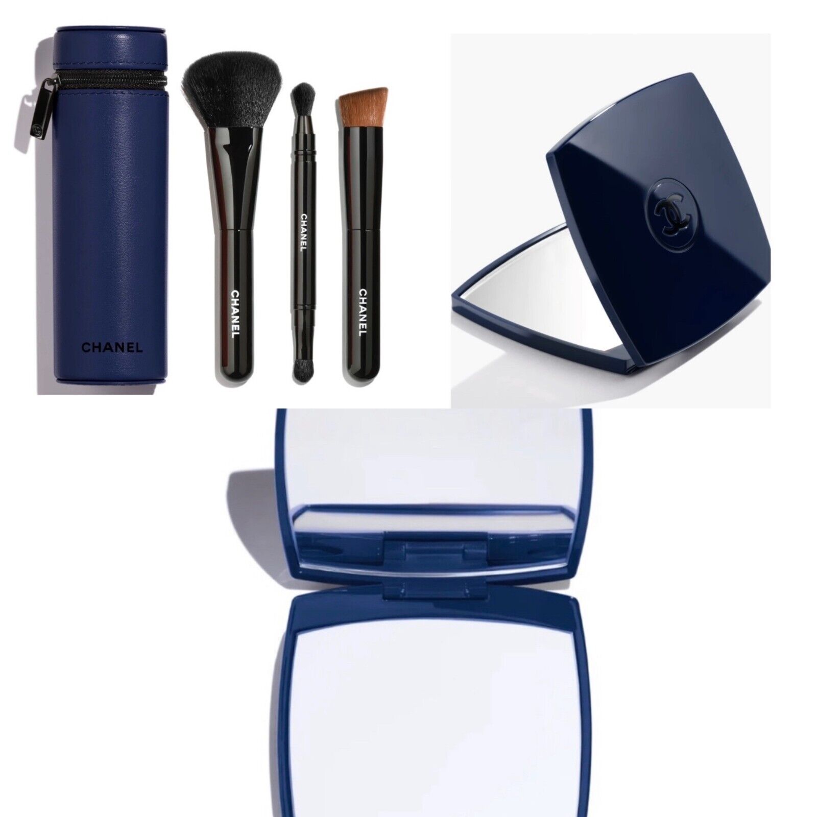 Chanel Limited edition Set| 3 Essential Brushes & Mirror In Blue FUGUEUSE