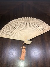 Windfall Vintage Hand Fan Hollow Carved Wooden Folding In Original Box