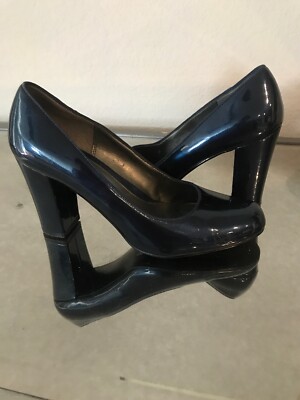 ALFANI Sz 7,5 Midnight Blue Patent Leather Block Heels Pumps