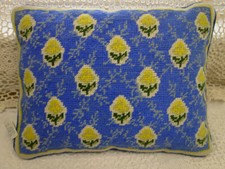 13" Beautiful Blue Background Gold Floral Hand Crafted Needlepoint Throw Pillow