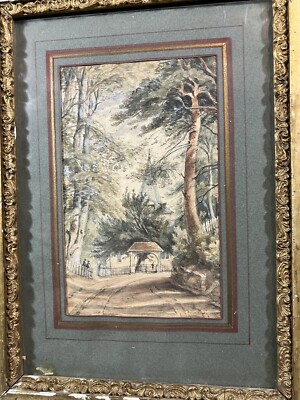 Originale Aquarell Englische Schule XIX. Jahrhundert Landschaft Allee Zum Wald