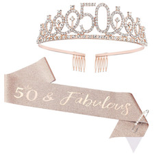 50Th Birthday Crown 50 Fabulous Sash Pearl Pin Set, Tiara, 50Th Gifts, Decor