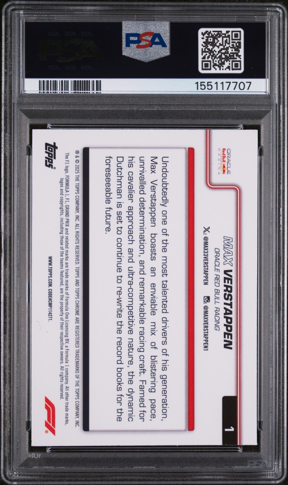 MAX VERSTAPPEN #1 BLACK AND WHITE LAZER RED BULL 2025 TOPPS CHROME F1 PSA 8 view 2