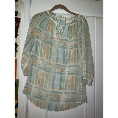 Quiksilver womens sheer paint watercolor blouse 3/4 sleeve tie front XS