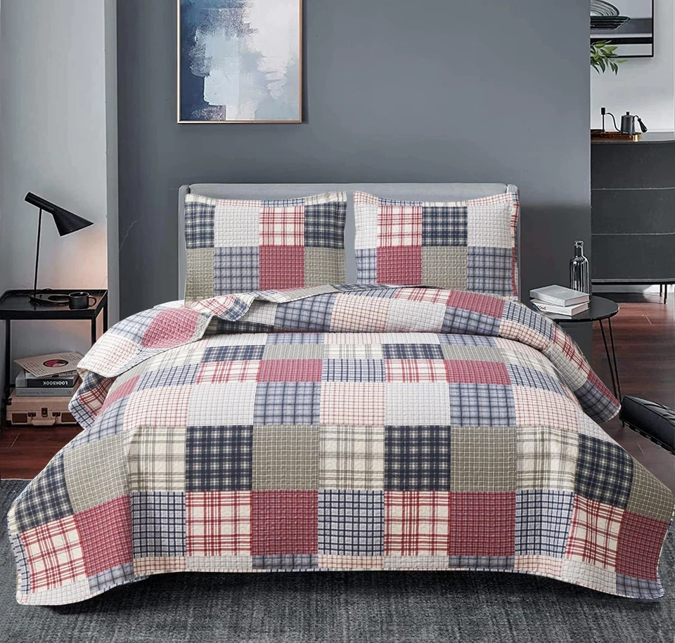 Quilt Set Queen Size Plaid Bedspread Set Soft Lightweight Bedding Set Red Nav... - Image 3 of 4