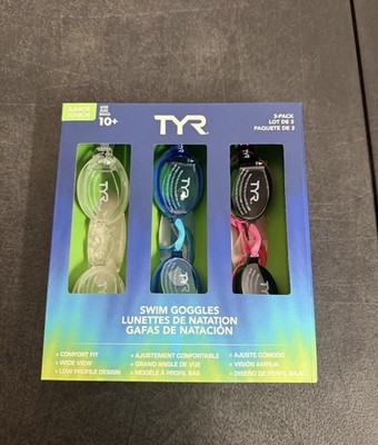 tyr 3 pack junior swim goggles comfort fit blue / white / pink NEW