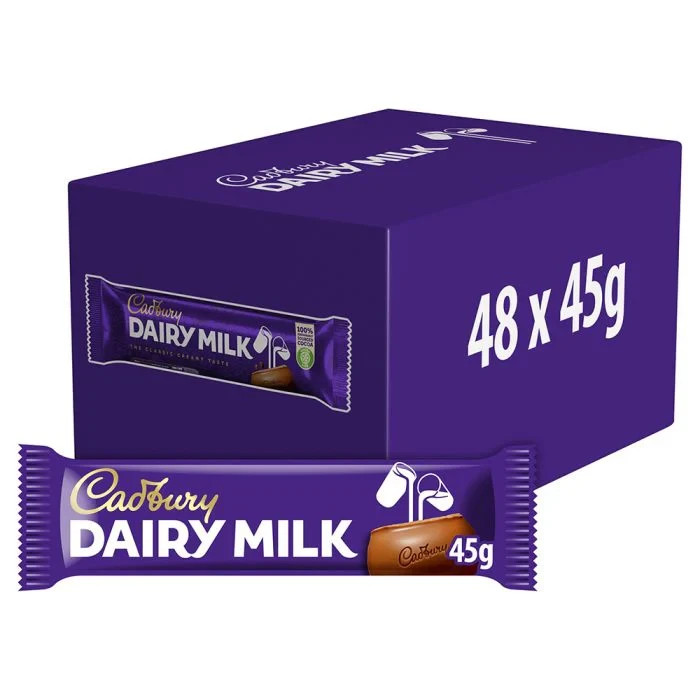 Cadbury's Dairy Milk Chocolate Standard Bars 45g Full Box of 48