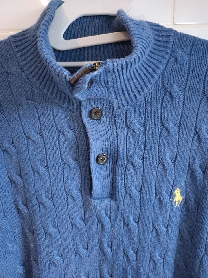 Mens L Blue Ralph Lauren Cable Knit 1/4 Zip & Button Jumper. Good Condition - Image 3 of 4