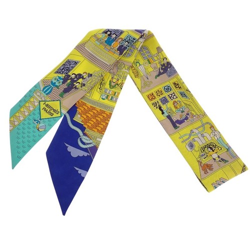 Hermes Twilly La Maison Des Carres Maison des Carres Scarf Silk Yellow Blue Ladi