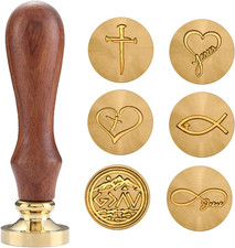 Christian Wax Seal Stamp Kit with 6 Brass Heads Handle Gift Box Cross, Jes