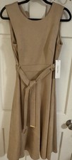 Calvin Klein Women's Sleeveless Belted Midi Dress Size 10 Tan Brown Faux Suede