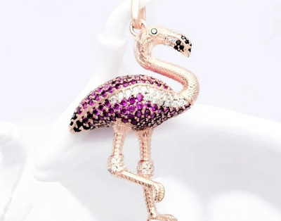 Flamingo Charm Pendant   925 Silver Rose Gold Plated with Pink & Clear CZ