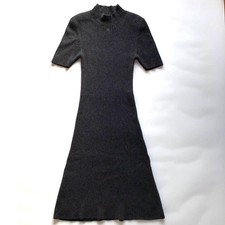 USED CASHMERE CHANEL HIGH-NECK LOGO LONG KNIT DRESS IN GRAY WITH FLARED SILHOU