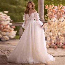 V Neck Puff Long Sleeves Backless Sequined Applique Tulle Princess Wedding Dress