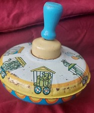 Vintage 1960's Ohio Art Metal Spinning Top Tin Toy Wood Handle CIRCUS