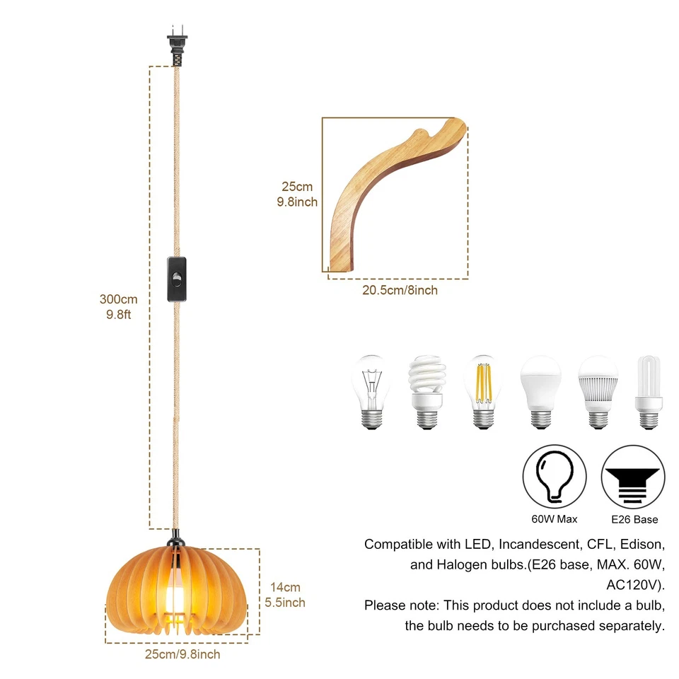 Aplique de pared de granja enchufe luz de pared con interruptor de encendido/apagado de pantalla de madera para leer Foto 2 de 4