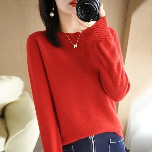 Maglione donna manica lunga scollo a O maglione fondo caldo magliette maglione - Foto 12 di 36