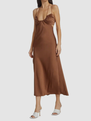 $495 Women's Brown Sienna Satin Cut Out Slip Dress Size