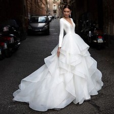 IS-NWT White V-Neck Ball Gown Long Sleeves Satin Wedding Dress Back with Button