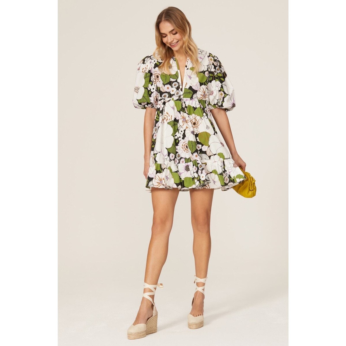 maje green floral dress Rafleur Puff Sleeve 70s Mini Shift Size L Mini dress