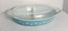 Vintage Pyrex Turquoise Snowflake Pattern 1.5 Qt. Divided Casserole Dish W/ lid