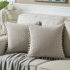 2 Packs Neutral Taupe Decorative Throw Pillow Covers 20x20 Inch with Pom-poms fo